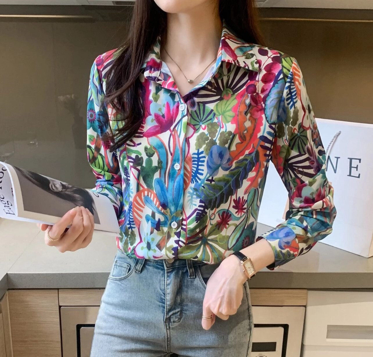 ￼Fashion Women&#39;s New Lapel Top Casual Printed Long Sleeve Comfortable Loose Shirt (S-XL)