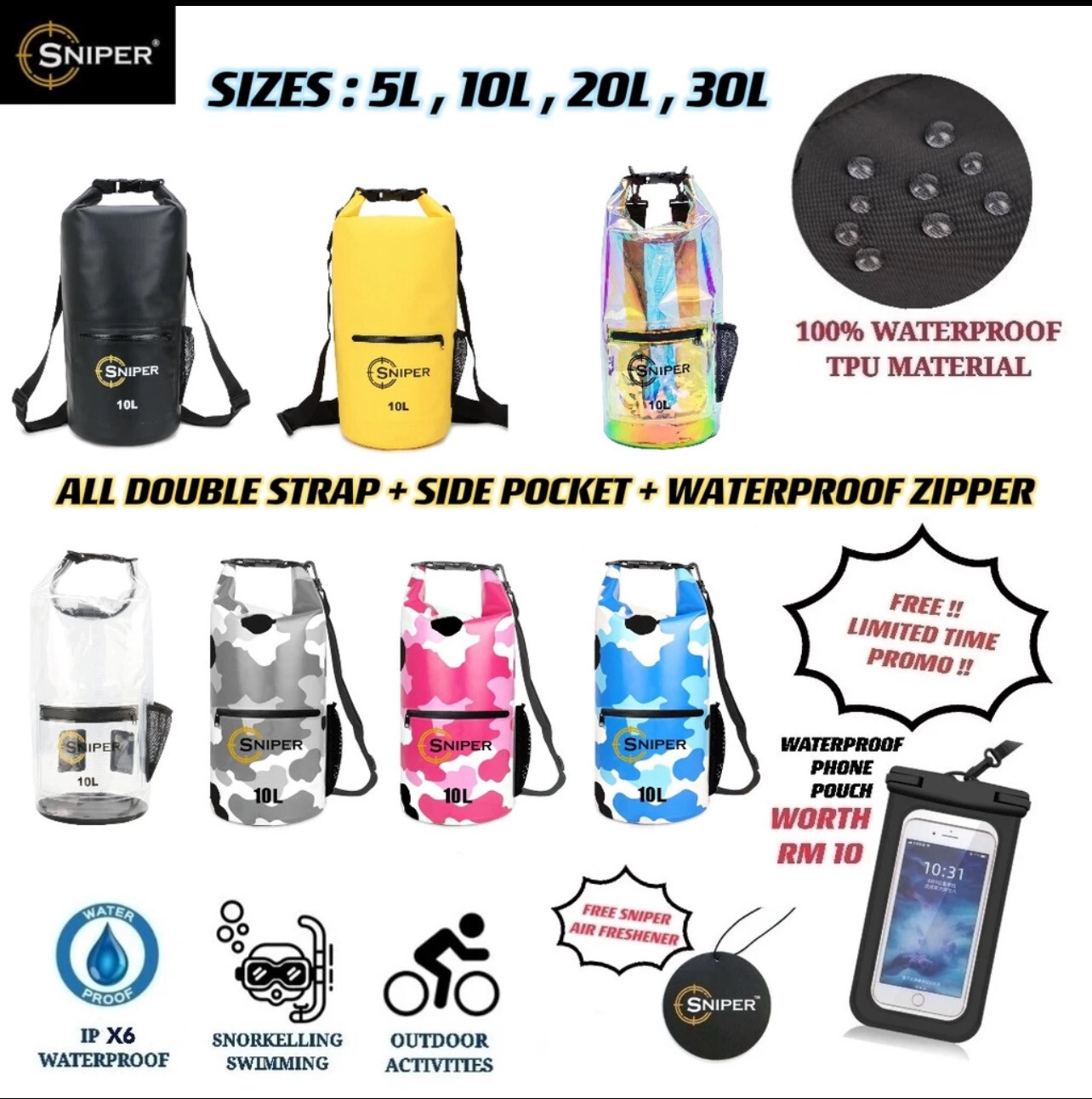 [IPX6 RATED] 35)HIGH QUALITY 5L, 10L, 20L SNIPER WATERPROOF DRY BAG, OUTDOOR BAG Backpack(Two Straps) + Side Pocket - 5ML