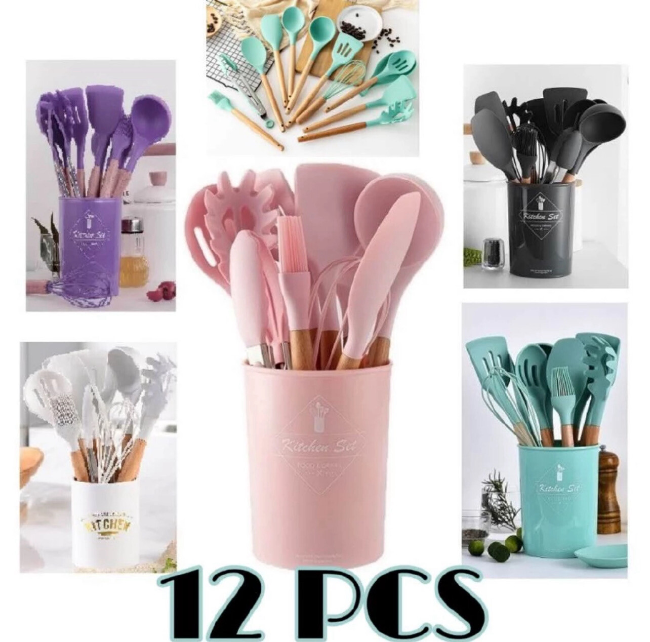 12Pcs Cooking Tools Kitchen tool Cookware Set Cutleries Set Utensil Cooking Set Household Kitchen Accessories Set sendok 1set (Random Colour Set)