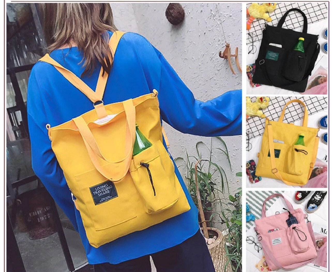 ￼11R4 Al Sahhia Korean Style Women Linen Canvas Bucket Tote Shoulder Sling Bag Shell Casual Beg Wanita 2pcs