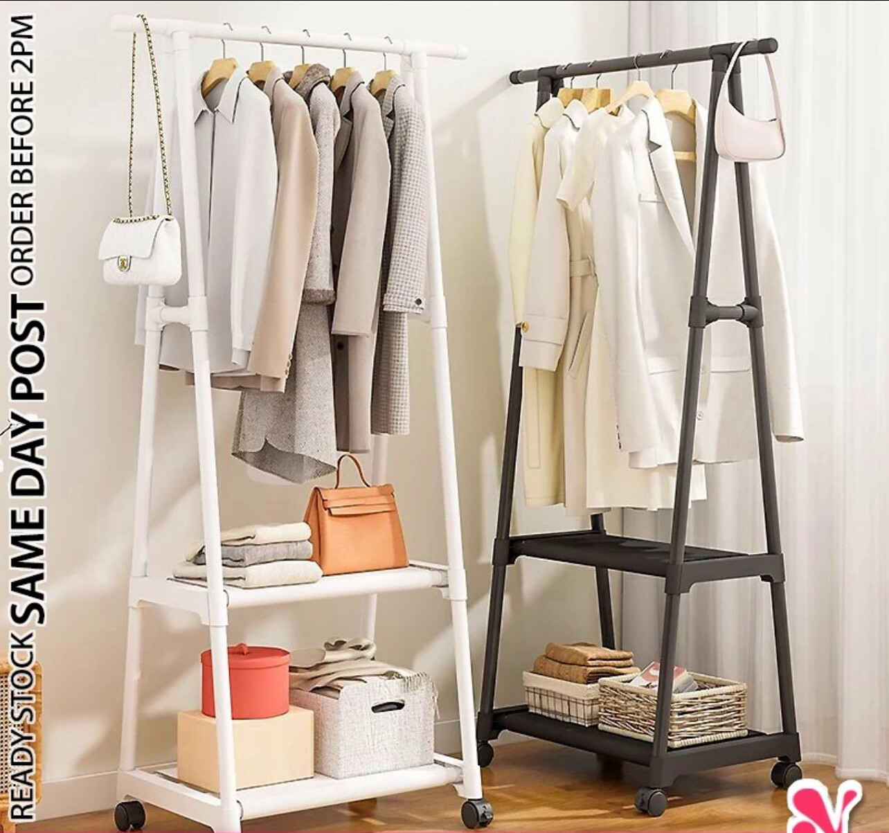 ￼《  𝗪𝗜𝗧𝗛 𝟰 𝗪𝗛𝗘𝗘𝗟𝗦 》Triangle Clothes Rack Movable Garment Hanger Hanging Shelf Shoes Wardrobe Storage Organizer Rak Baju衣架