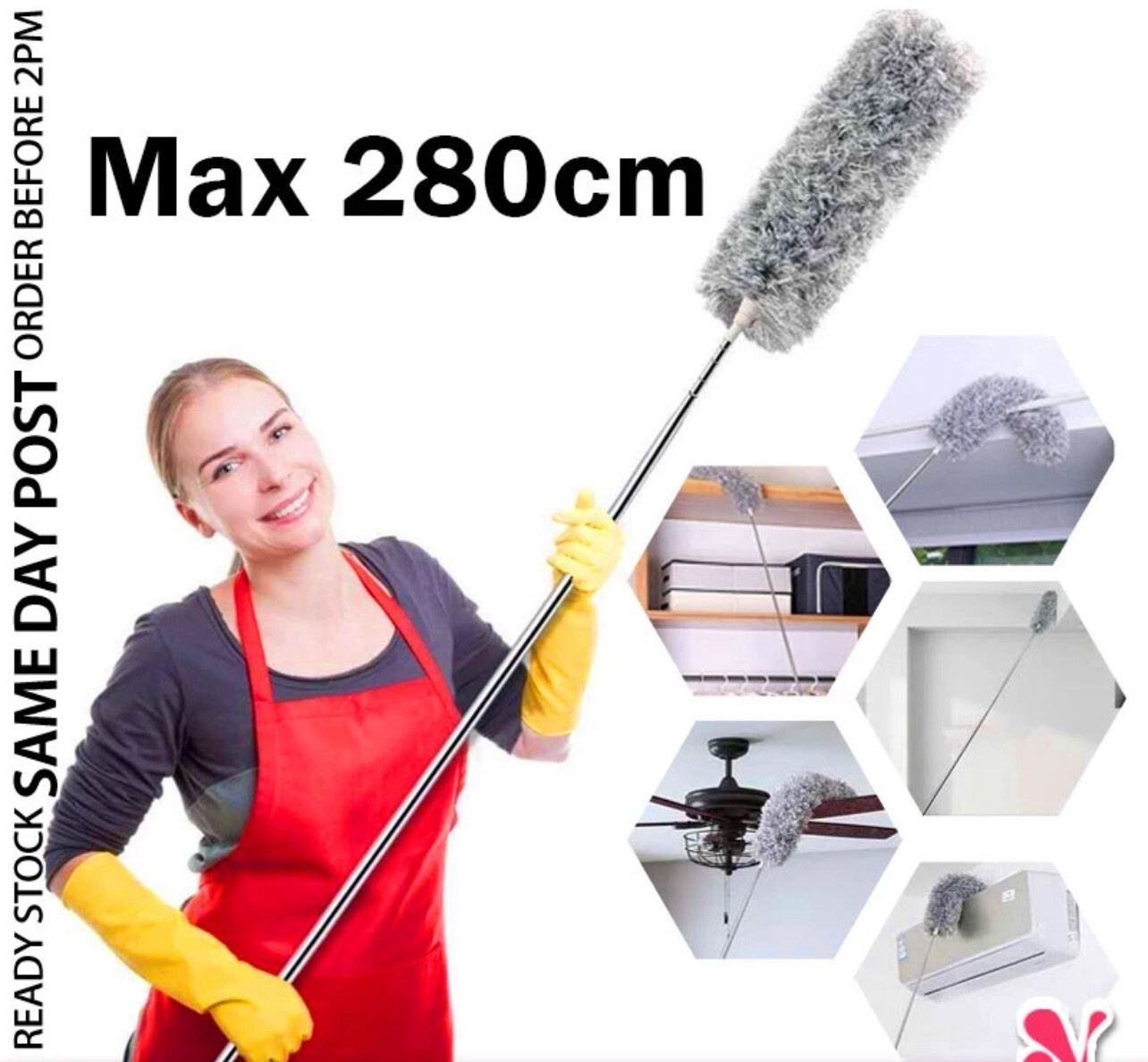 ￼《 𝟮𝟴𝟬𝗖𝗠 》 Extra Long Handle Extendable Bendable Microfiber Feather Duster Cleaning Housekeeping Penyapu Habuk 伸缩性清洁扫 2set