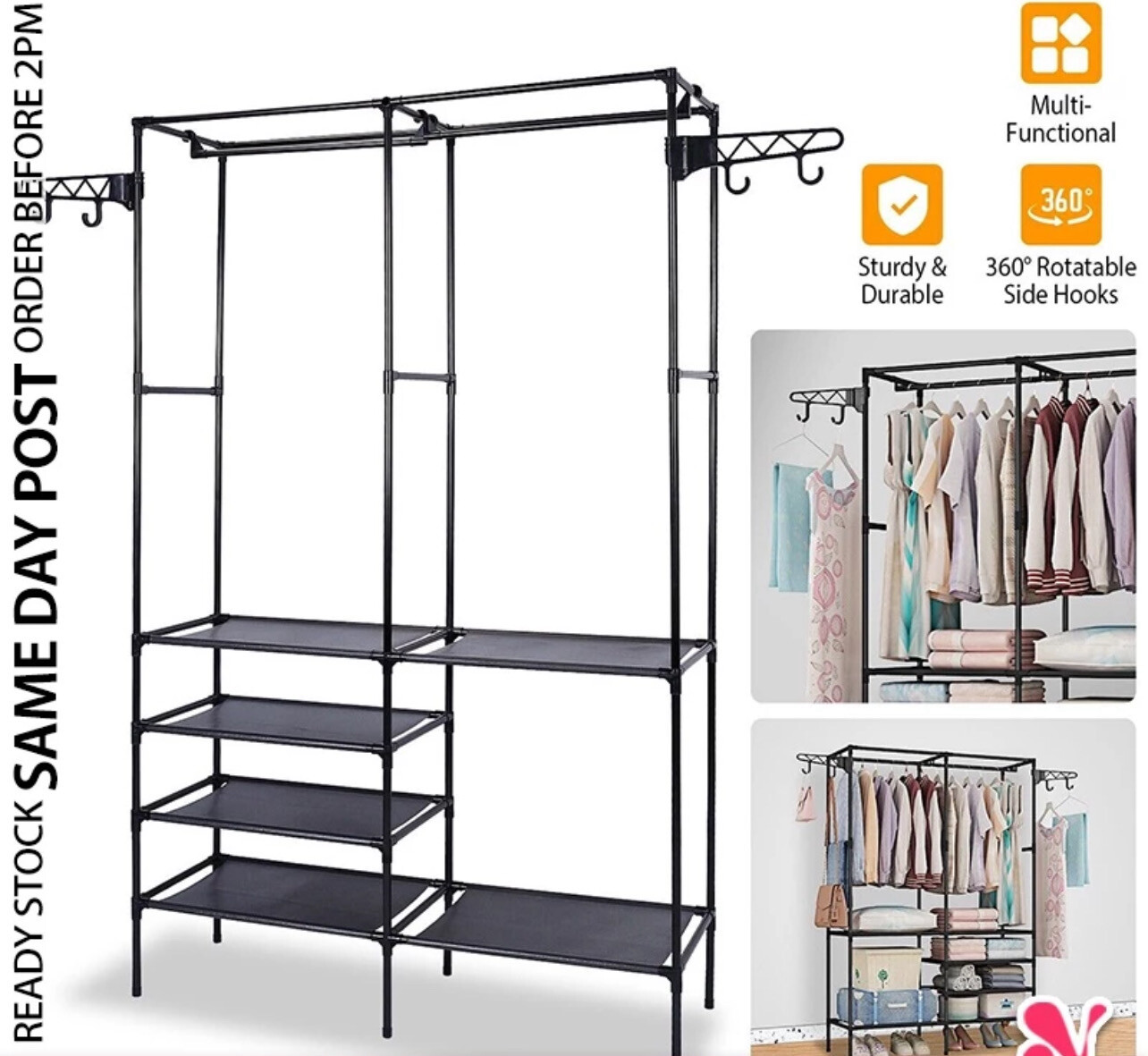 ￼《 𝗡𝗢 𝗦𝗖𝗥𝗘𝗪 》 Stainless Steel Wardrobe Clothes Storage Garment Rack Bedroom Organizer Rak Almari Baju Besi Serbaguna 衣架