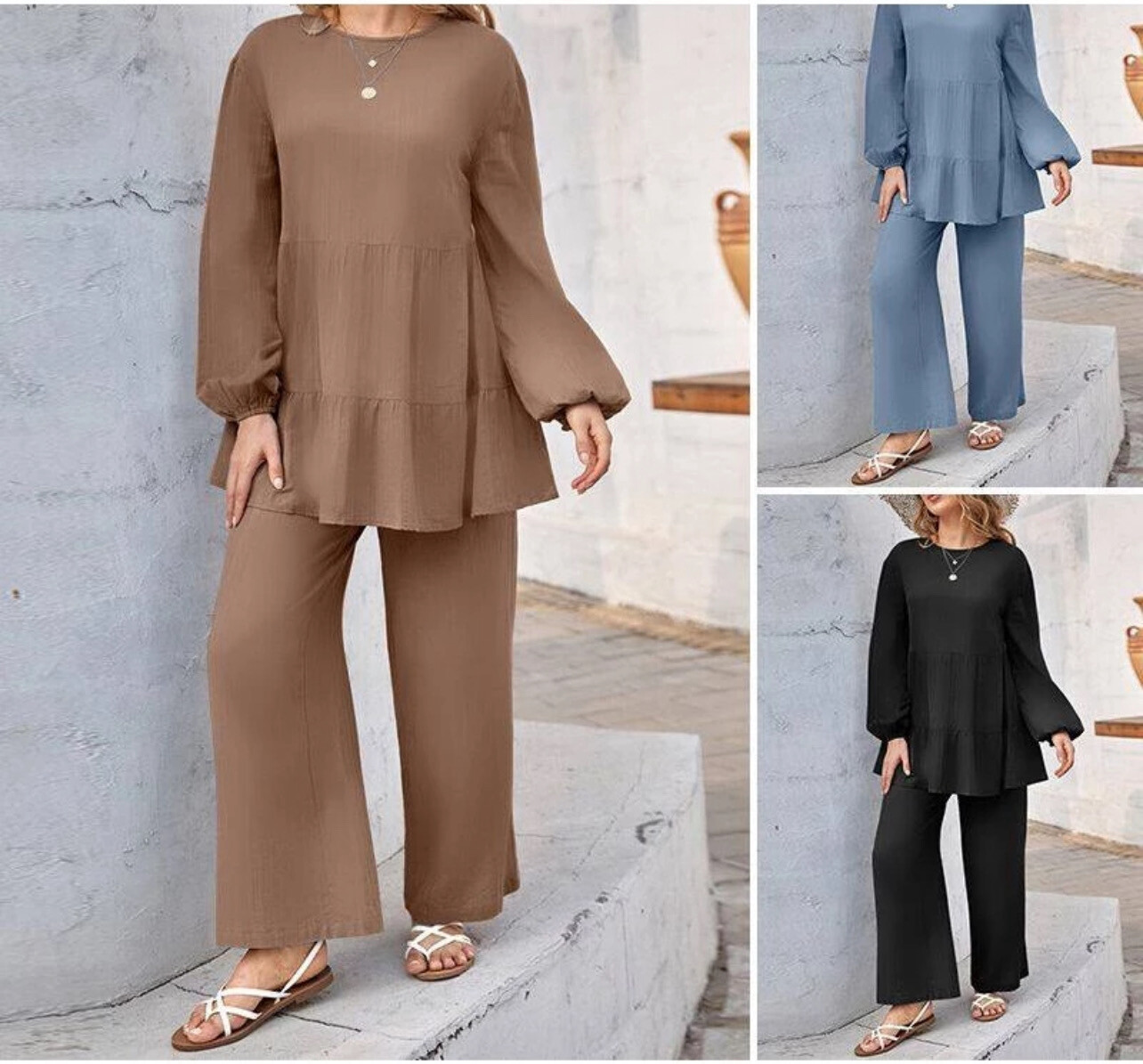 WOMEN&#39;S SETS LANTERN SLEEVE O-NECK BLOUSE LOOSE ELASTIC WAIST PANTS SUITS. NEW WOMEN COLLECTION BY MUSLIMAH DRESES 1set (Size S, M,L,2XL &amp; 3XL)