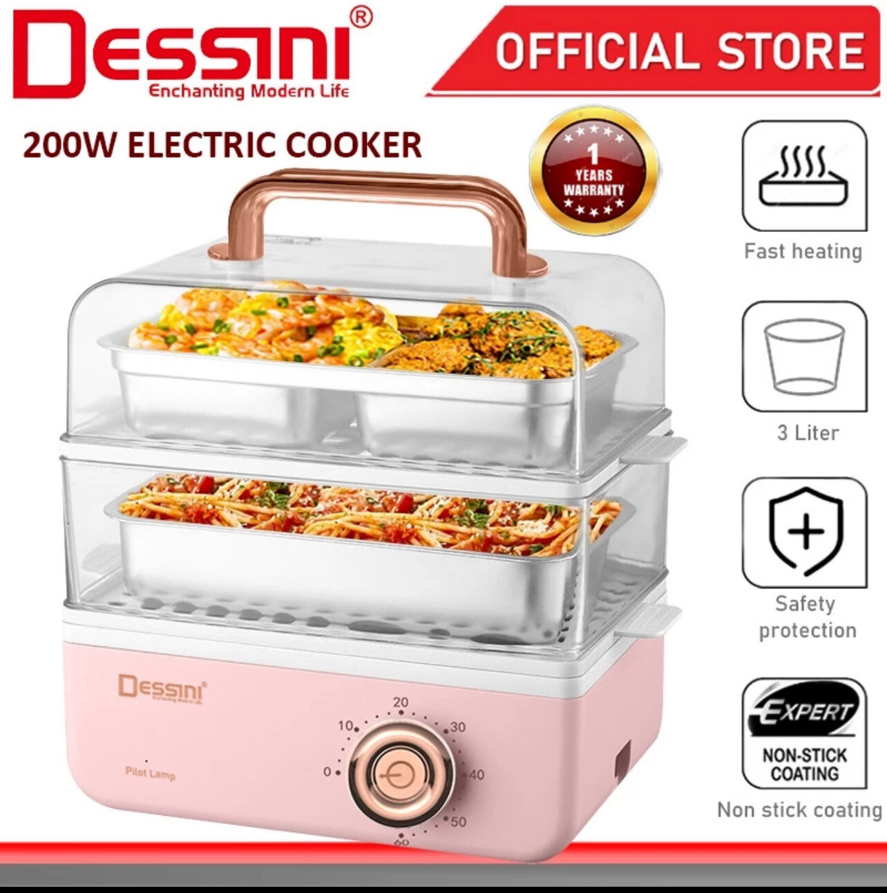 ￼DESSINI ITALY Electric Steamer Warmer Rice Cooker Non Stick Stainless Steel Inner Pot Periuk Kukus Nasi Elektrik (3L) (Colour Blue Or Pink)