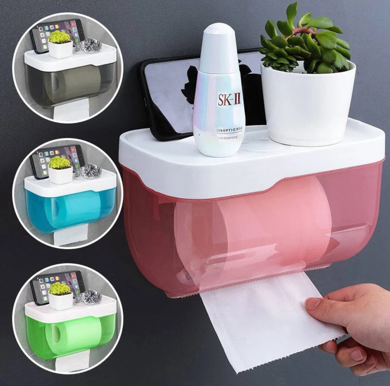No-Drill Waterproof Toilet Tissue Paper Roll Holder Wall Mount Plastic Storage Box Full Cover Phone Tray Bathroom Shelf 2pcs