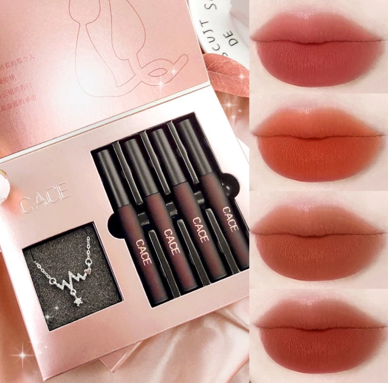CACE Necklace Four Lip Glaze Set Matte Waterproof Lipstick 1set