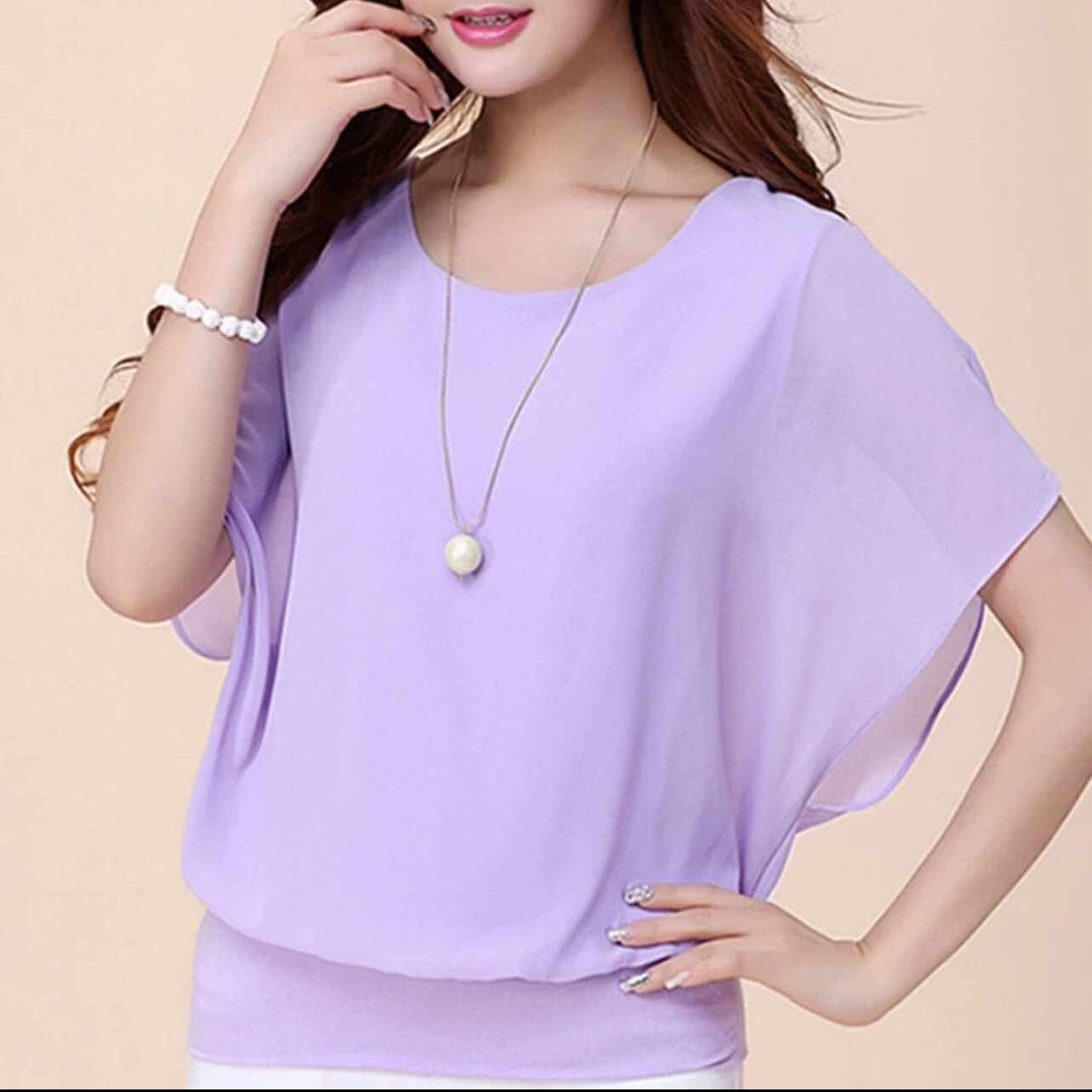 S-5XL Blouse Plus Size Chiffon Women Korean Round Neck Loose Bat T-shirt Casual Blouse Top Short Sleeves