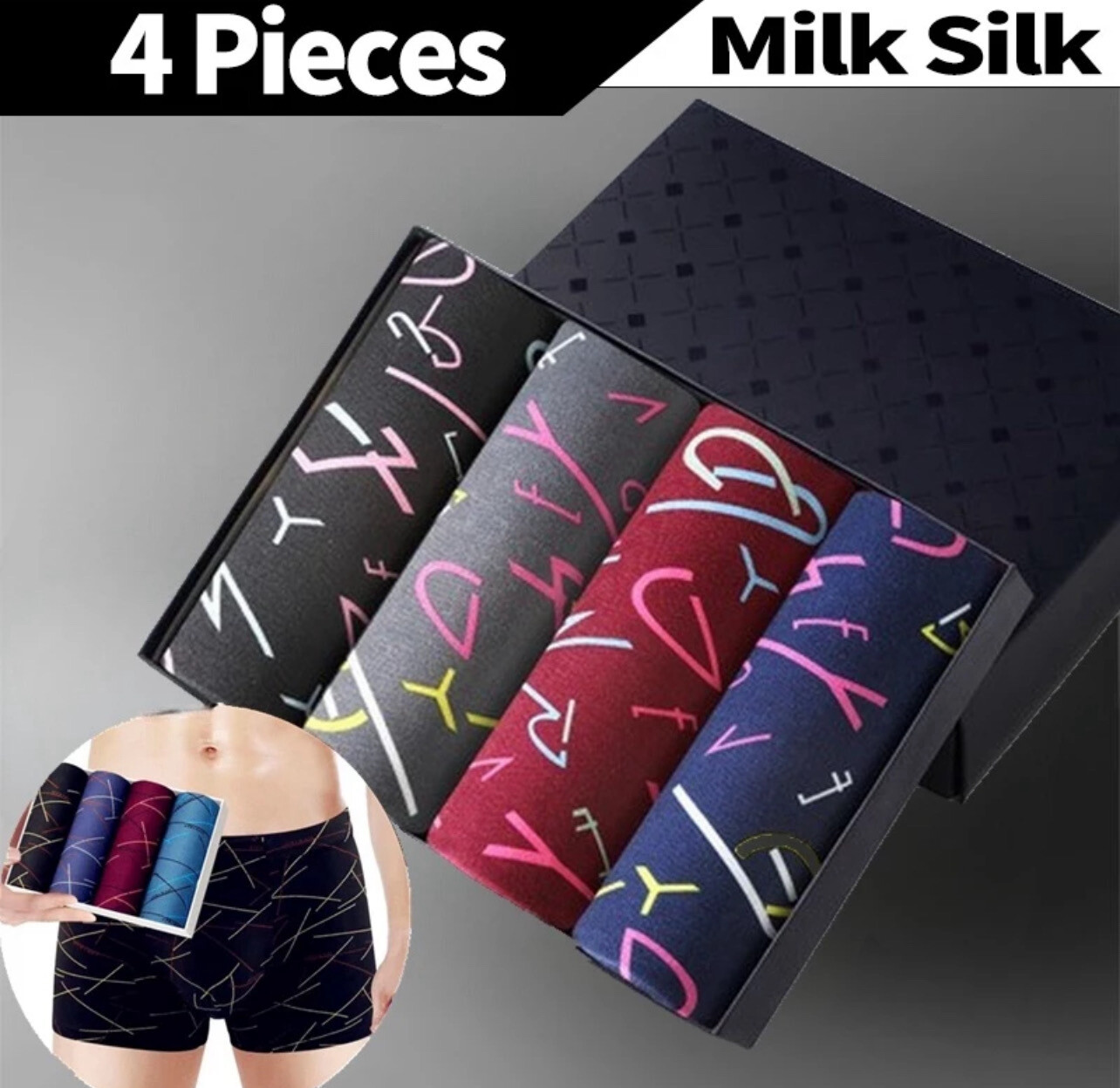 ￼【4 PCS In 1】Men Silk Boxer Breathable Underwear Seluar Dalam Lelaki 1set