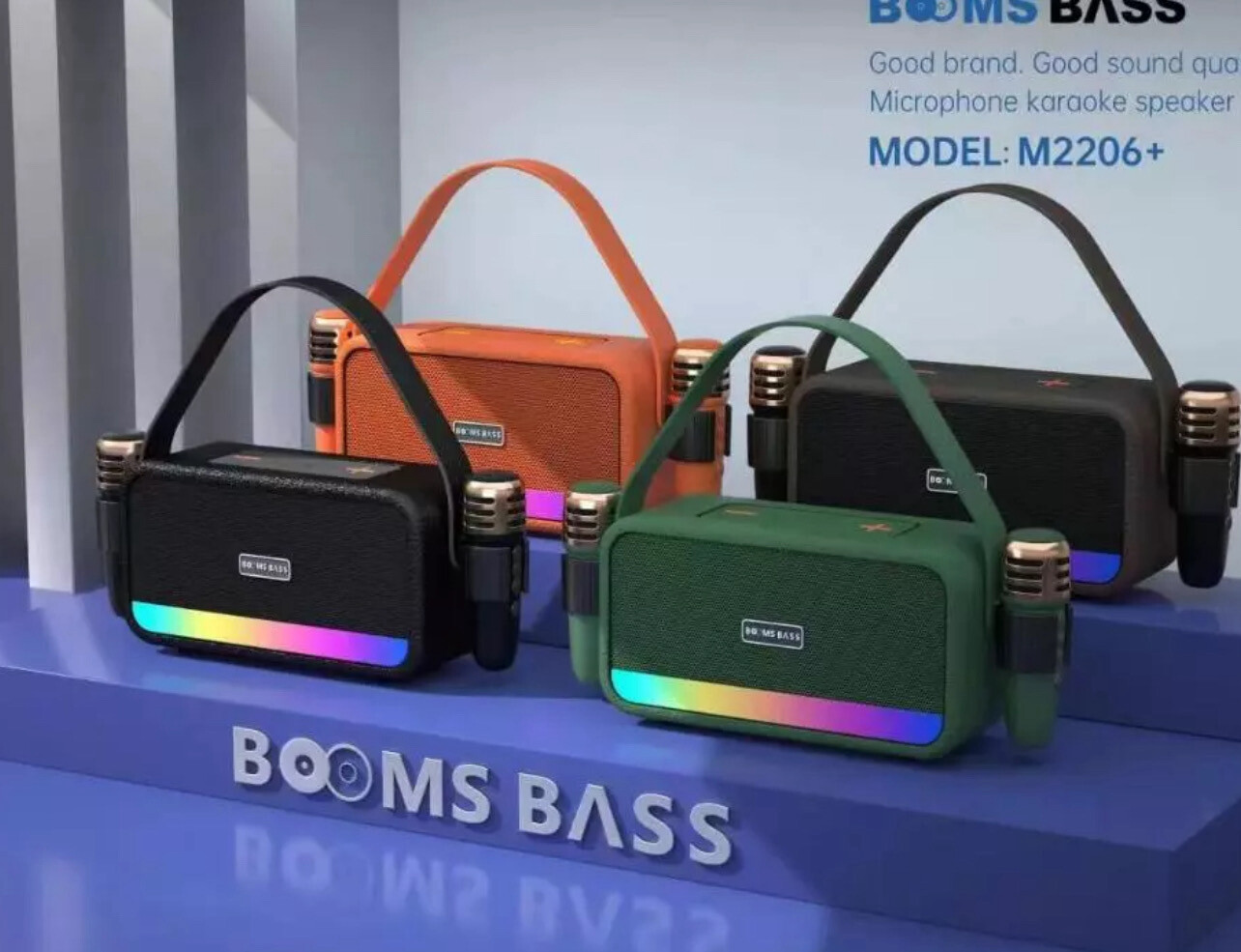 ￼BOOMS BASS M2206+ TWS Wireless Bluetooth Dual Microphone Karaoke Family KTV Portable 3D Stereo Speaker (Random Colour)