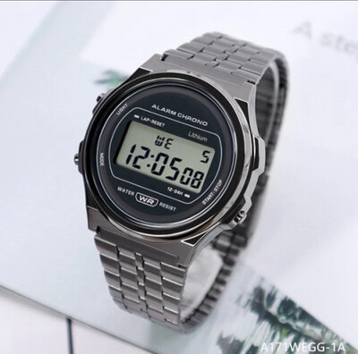 Men&#39;s  Vintage Electronic Neutral Small Gold Watches A171WE-1 Steel Band Round Watch 2pcs