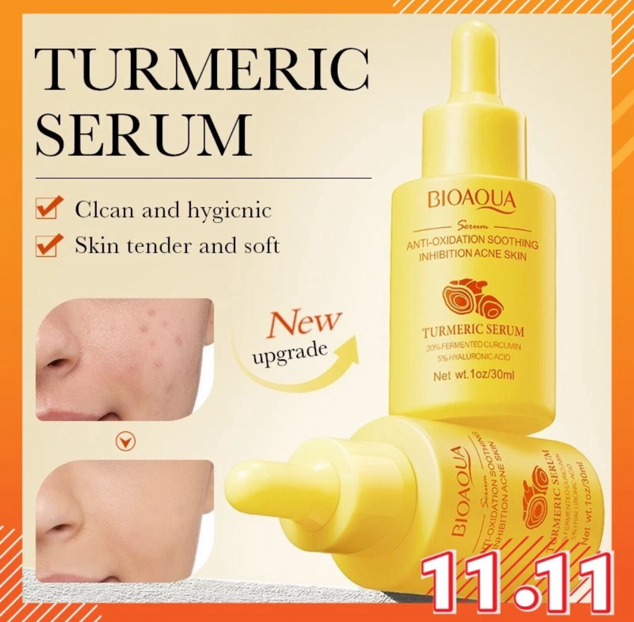 MAY BIOAQUA Turmeric Serum Anti-Oxidation Soothing Inhibition Acne Skin Hydrating Moisturizing Rejuvenation Essence 30ml 4 Bottle