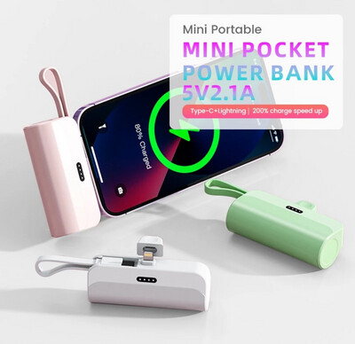 ￼2 IN 1 Mini Portable Power Bank 4 Light Full Capacity 5000MAH IP/Type C Emergency Charge Portable Power bank 充电宝