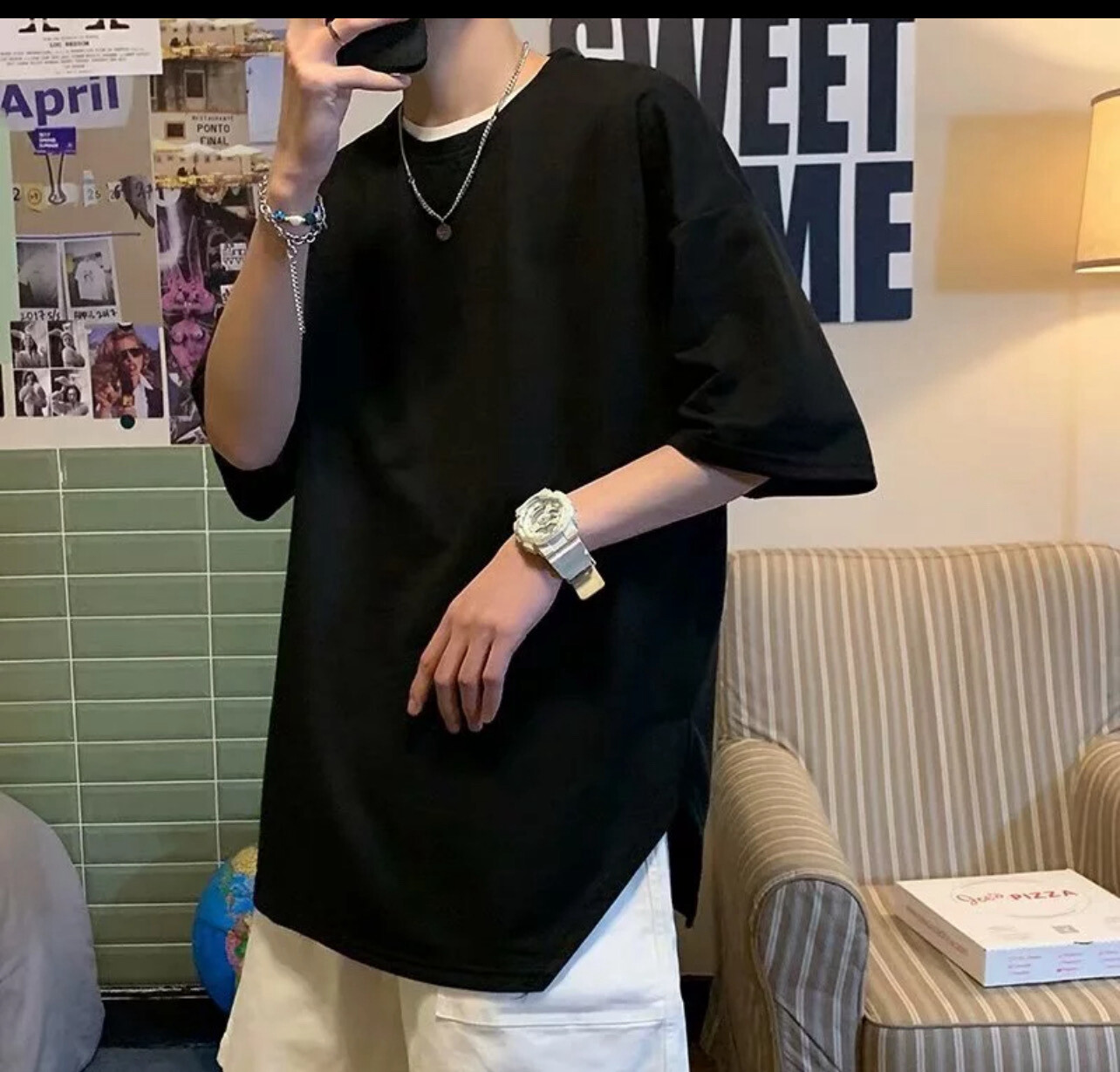 3 colors Summer dark black ins fashion men&#39;s loose split short sleeve T-shirt BF Harajuku solid color 5-sleeve T-shirt (M,L,XL,2XL,3XL)