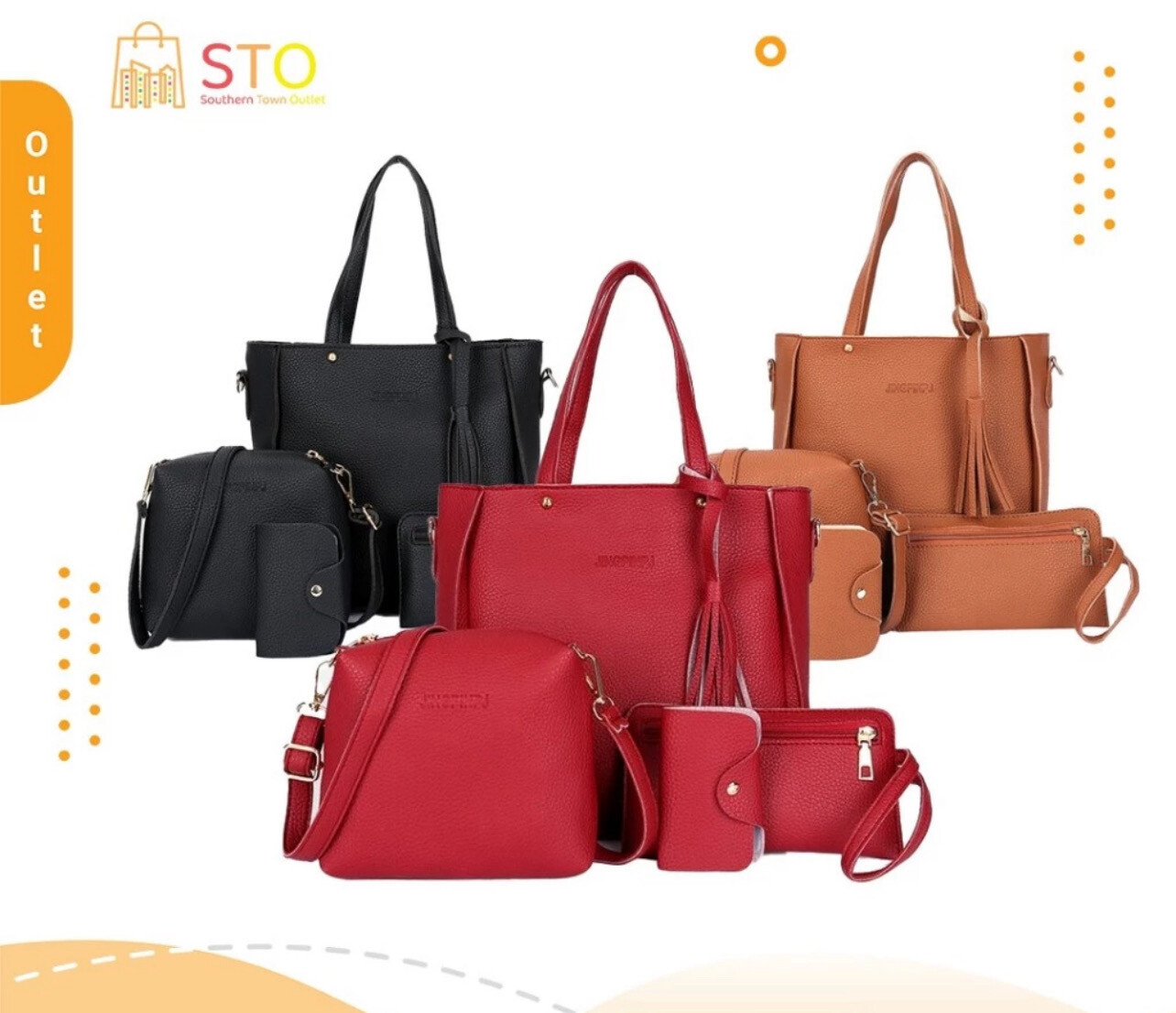 STO Korean Ins Style High Looking Simple Elegant Women Outdoor Travel Fashionable 4in1 Set Bucket Handbag