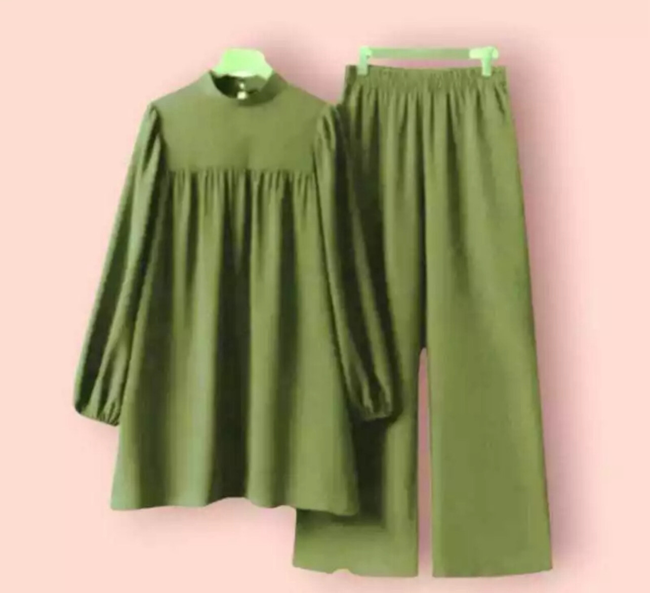 Muangee Women Muslim Blouse Pant Muslimah Solid Sets Lantern Sleeve O-Neck Tops Elastic Waist Pants Clothing (Size S,M,L,XL, 2XL,3XL,4XL,5XL)