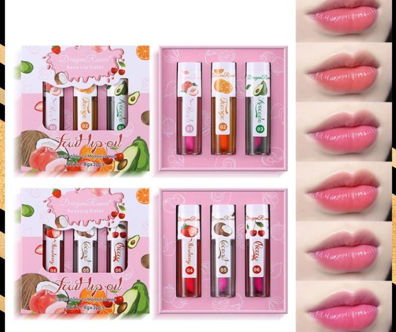 ￼Dragon Ranee 3pcs/set Moisturizing Lip Oil Fruit Clear Glitter Transparent Color Changing Lip Gloss Plumping Liquid Lipstick Lips Care Makeup 2set