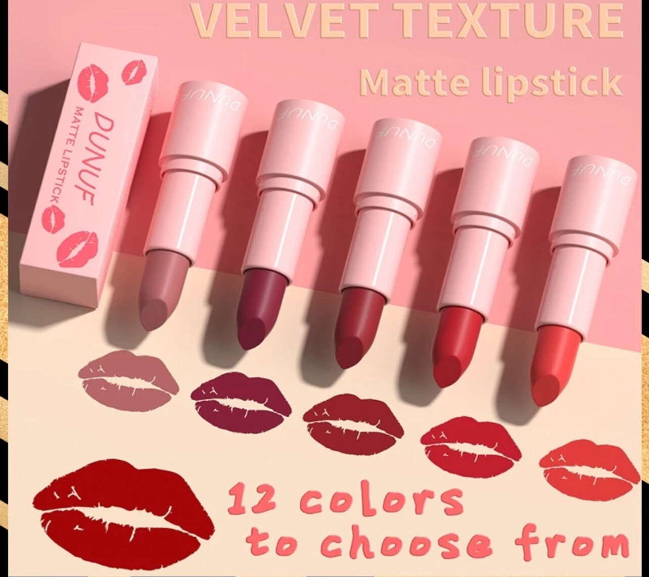 ￼DUNUF 12 Color Nude Sexy Red Pink Lipstick Long Lasting Velvet Matte Lip Gloss Makeup Waterproof Non-stick Cup Lip Tint Women Cosmetic 5pcs