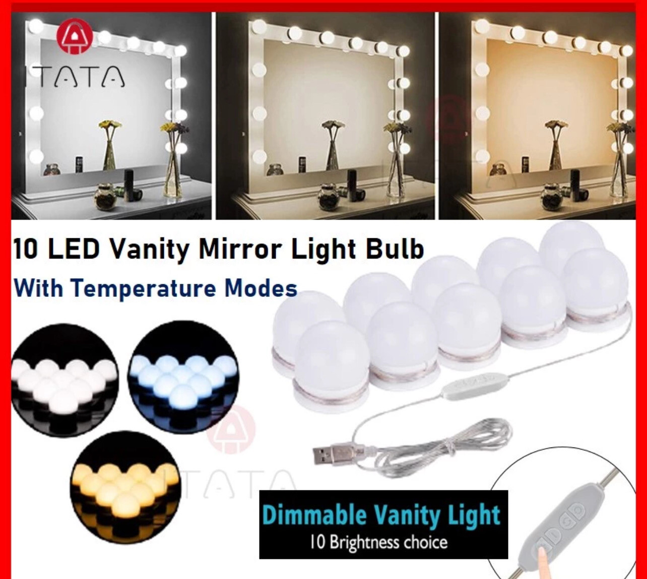 [READY STOCK] 10 LED Makeup Vanity Mirror Light Bulb Hollywood Stepless Dimmable Wall Lamp Dressing Table Lampu Cermin (Promo)