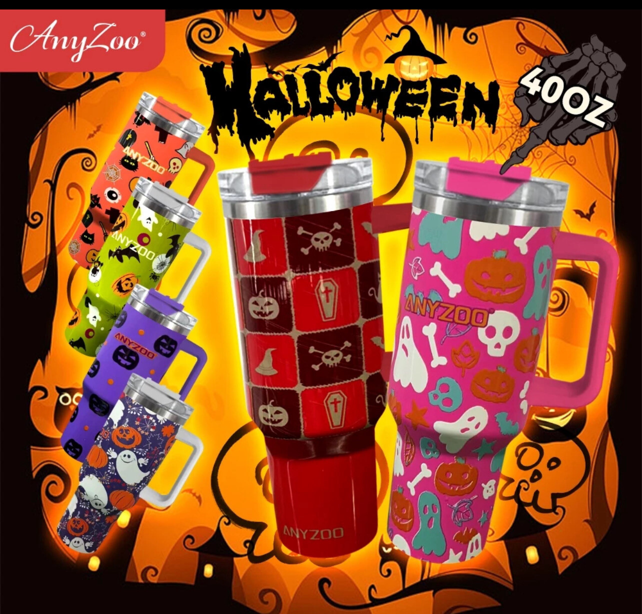 1pc, Anyzoo Halloween Tumbler - 40oz Stainless Steel Thermal Water Bottle with Lid and Straw - BPA Free Portable Drinking Cup for Car, Home, Office, Summer Drinkware, Travel Access