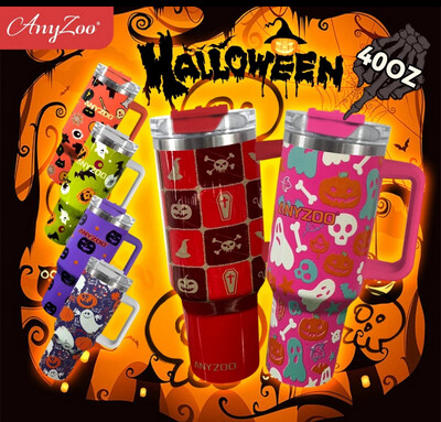 1pc, Anyzoo Halloween Tumbler - 40oz Stainless Steel Thermal Water Bottle with Lid and Straw - BPA Free Portable Drinking Cup for Car, Home, Office, Summer Drinkware, Travel Access