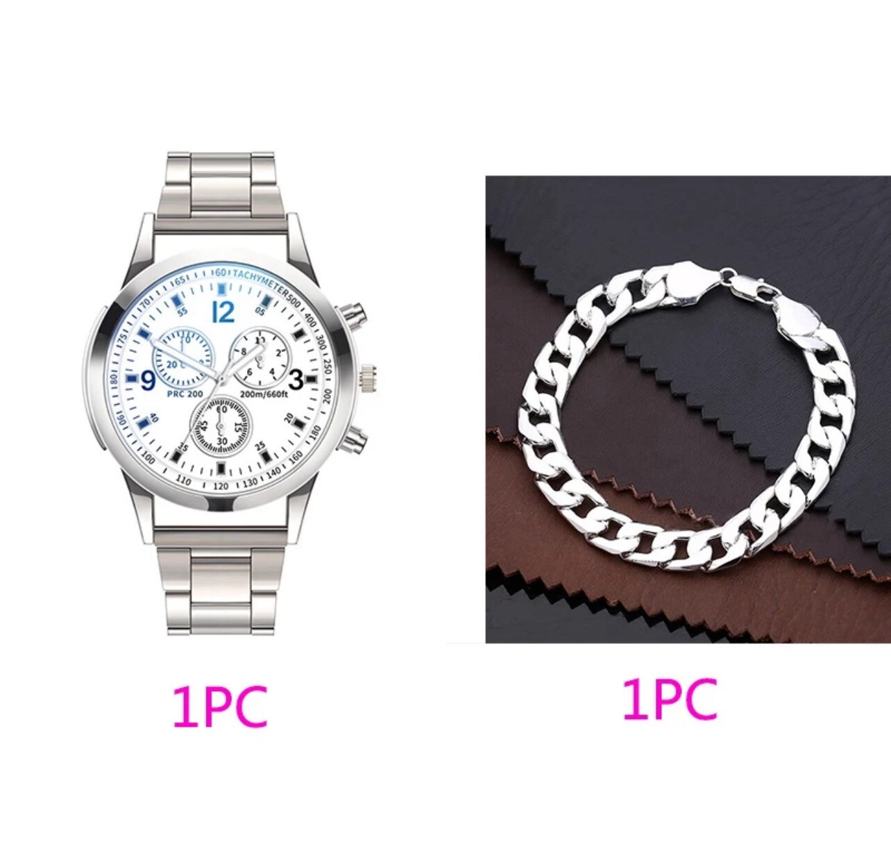 Men&#39;s Watch Stainless Steel Band Quartz Business Watches Bracelet Set【Without Box】2set (2 watch + 2 bracelet)