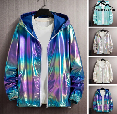 [SKI] Spring Autumn Bright Colorful Sunscreen Jacket Men Hooded Sleeve Pockets Jacket Zipper Placket Men Coat Streetwear