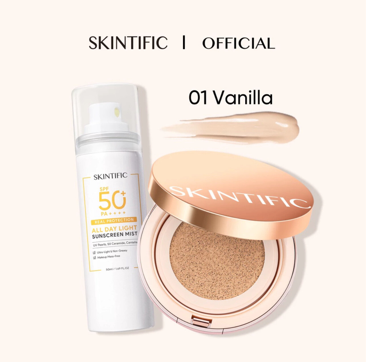 ￼SKINTIFIC Cover All Perfect Air Cushion + Sunscreen Spray SPF50 PA++++ High Coverage Foundation 24H Long-lasting (Promo Set)