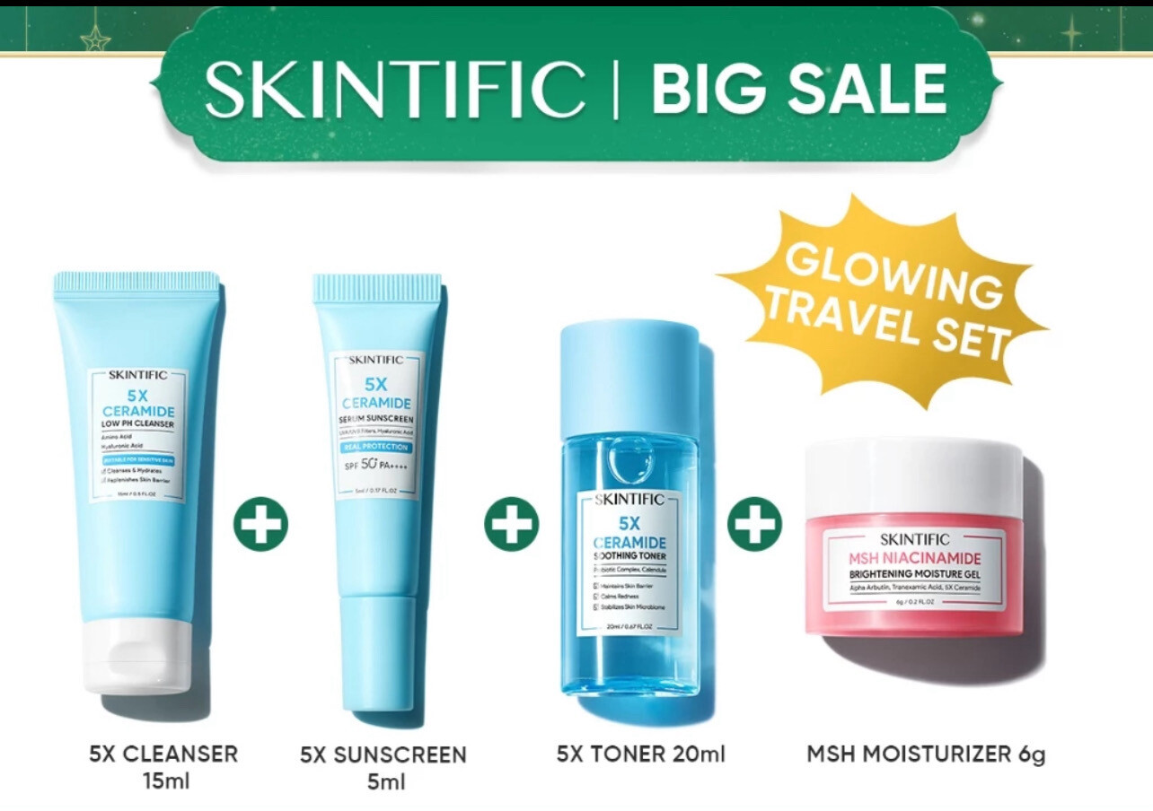 ￼[Travel Size] SKINTIFIC 4pcs Glowing Travel Set With 5X Ceramide Barrier  Moisturizer Repair Skin Barrier Toner Cleanser Promo Set