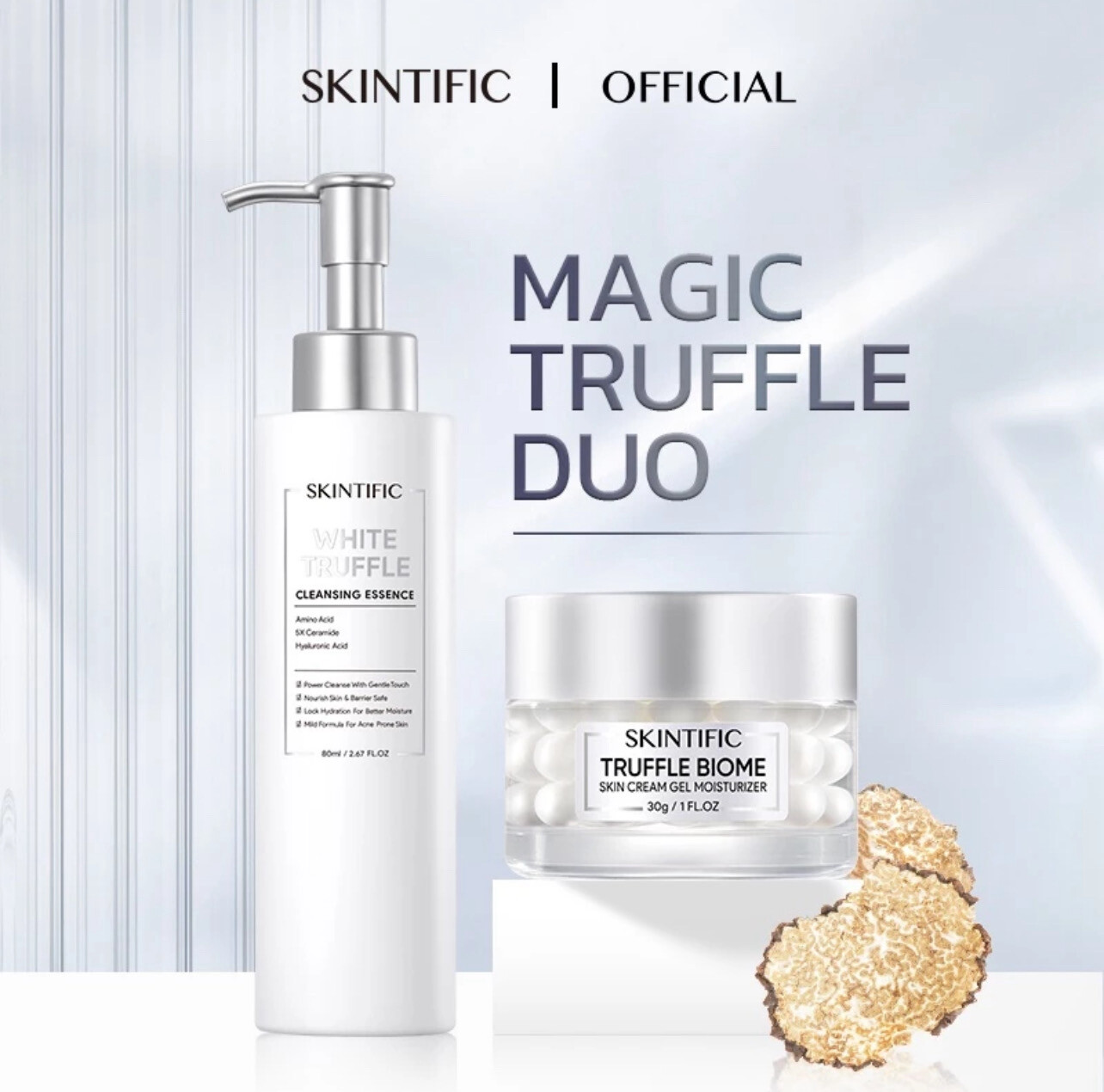 ￼SKINTIFIC White Truffle Cleansing Essence and Truffle Biome Skin Cream Gel Moisturizer (2 Pcs/Set) 1set (Promo Raya)
