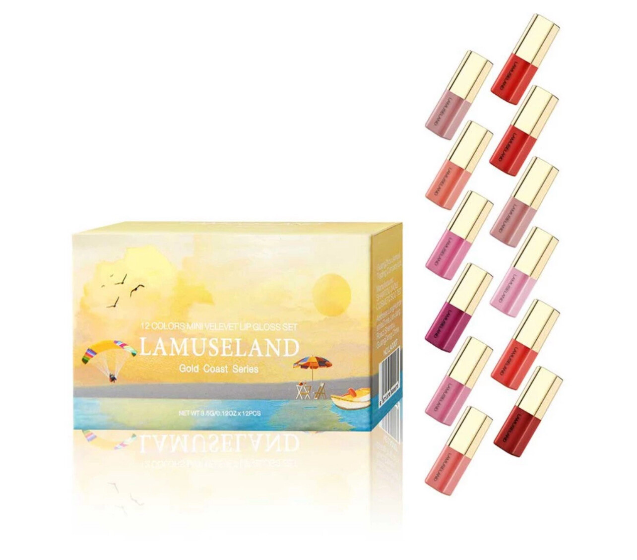 ￼[Wholesale]   LAMUSELAND Gold Coast Series Velvet Moisture Lip Gloss Travel Set (12Pcs/Set) LA0007 1box 12pcs
