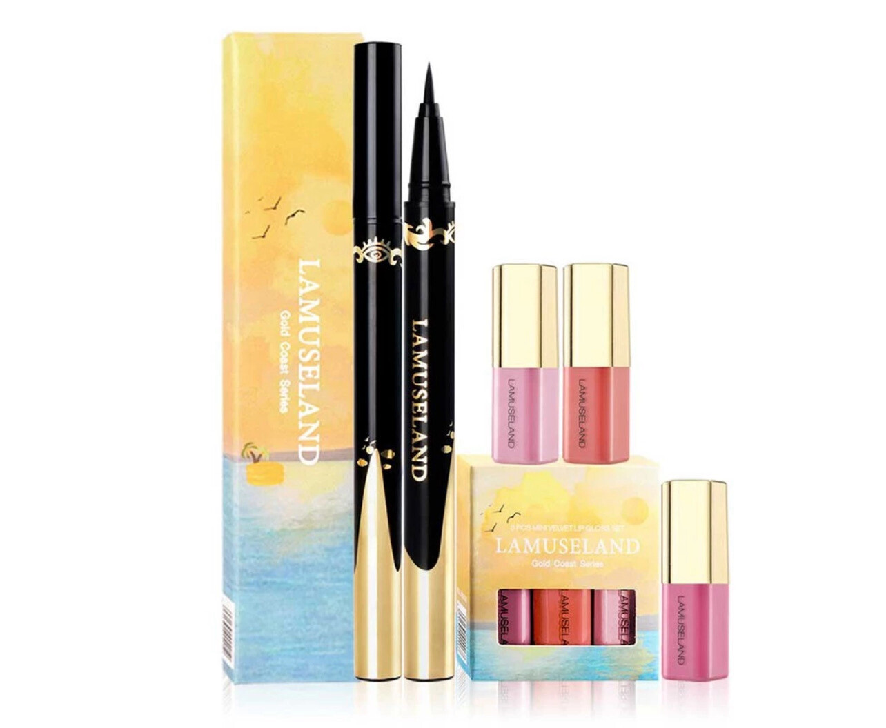 ￼LAMUSELAND Makeup Set 3Pcs/Set Lip Gloss and Waterproof Black Eyeliner Pen #LAS401 2set 2eyeliner + 6lipstick