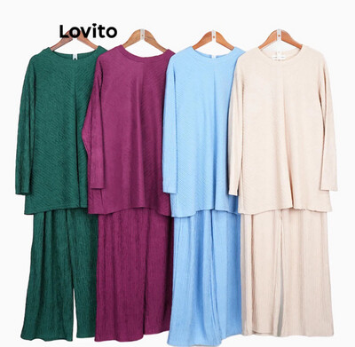 ￼Lovito Modest Plain Plicated Pants Sets for Women L83ED907 (Size S-XL)