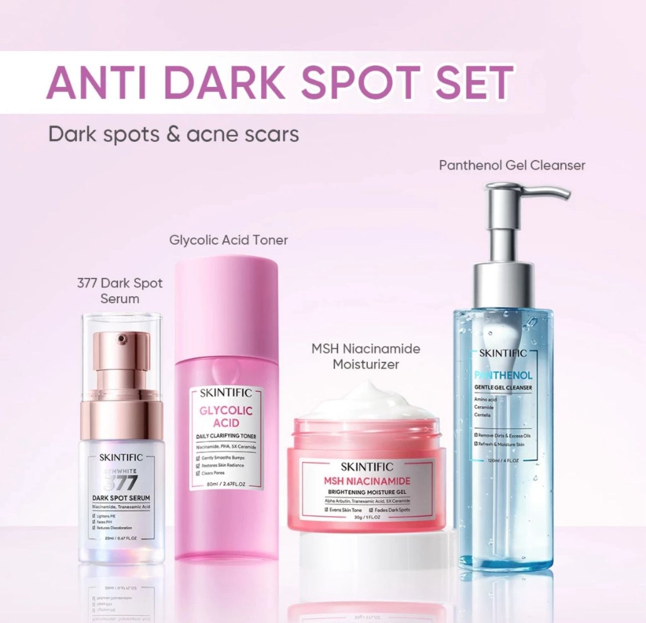 ￼SKINTIFIC 4pcs Paket Skincare With Serum Low pH Cleanser Barrier Repair Moisturizer Niacinamide Serum Glycolic Toner 1set