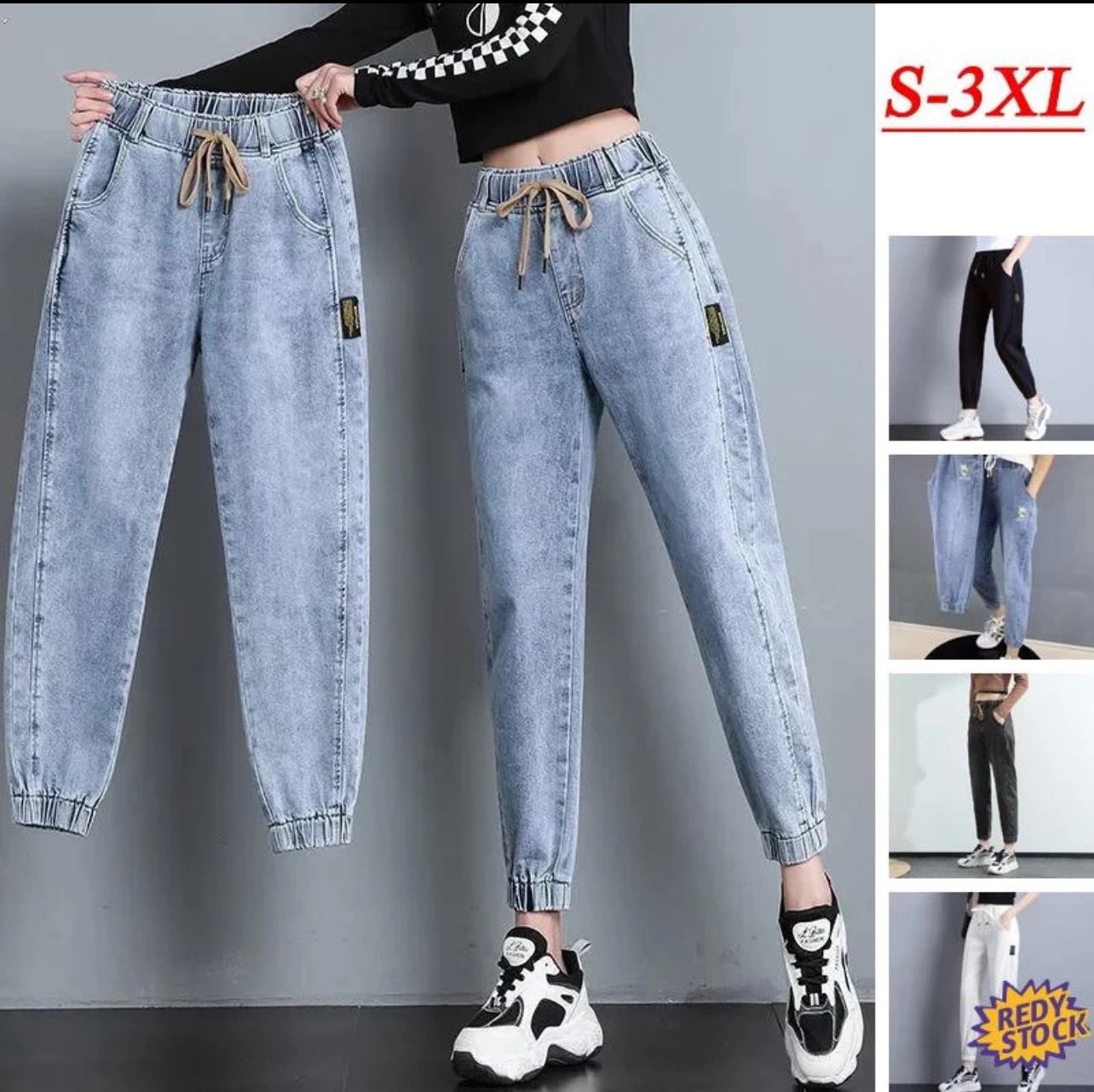 seluar wanita jeans Korean style High waist Harem Jeans Women Slim fit Denim Jogger Pants Fashion Sport Ankle cut Loose Straight Long Casual Trousers White Black Blue perempuan slack pinggang getah su