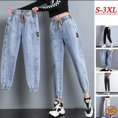 seluar wanita jeans Korean style High waist Harem Jeans Women Slim fit Denim Jogger Pants Fashion Sport Ankle cut Loose Straight Long Casual Trousers White Black Blue perempuan slack pinggang getah su