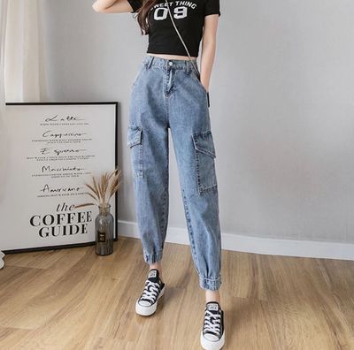 Loose BF Cargo Jeans New High-waisted Slim Nine-point Beamed Harem Daddy Pants &amp; Seluar Jeans Kerja Seluar Harem Pelangsing Pinggang Tinggi &amp; 工裝牛仔褲 高腰顯瘦哈倫褲