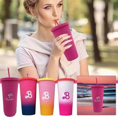 Pink Barbie Style Studded Tumbler Water Cup With Straw Reusable Water Bottle Water Bottle cawan 水杯