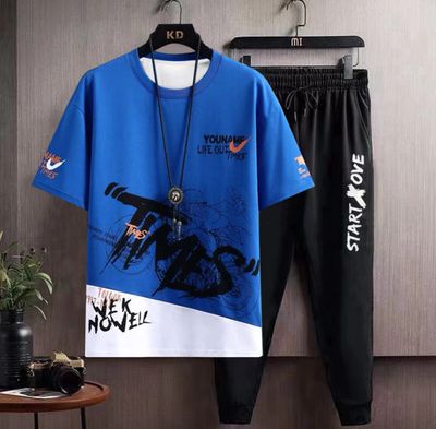 FNCXGE 2PCS/SET Men T Shirt and Long Pants Summer Men&#39;s Sets Korean Fashion Men Clothing Tracksuit Trend Jogger Set Print T Shirt+Trousers Men Outfit Set 1set