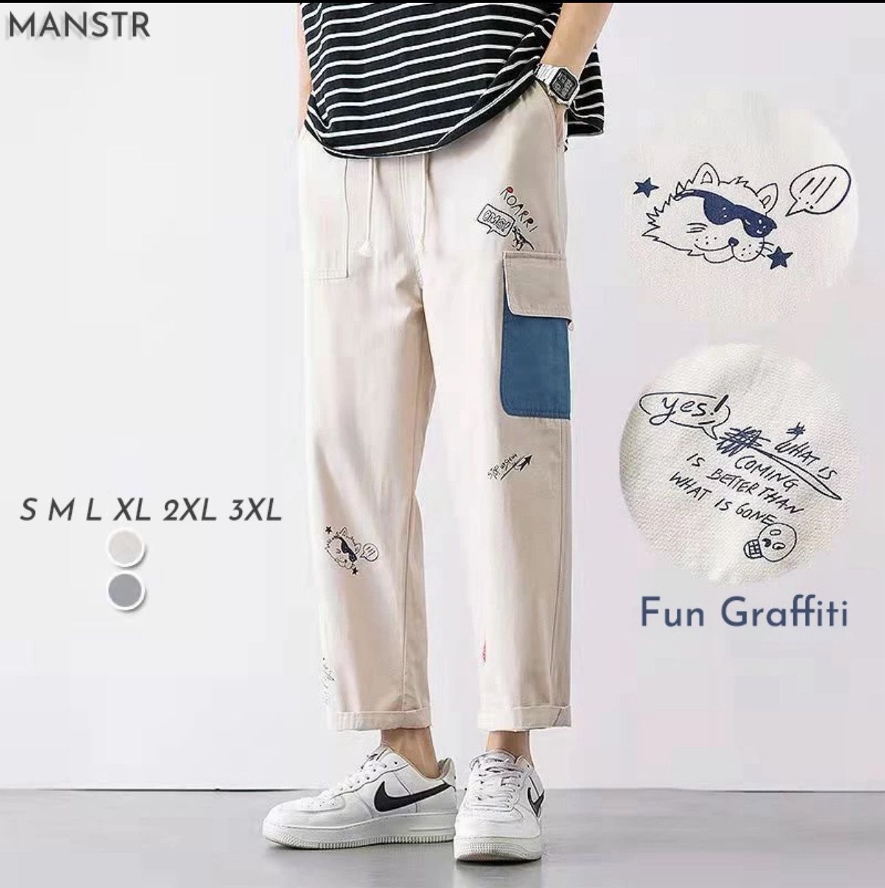 ￼Men White Casual Graffiti Straight Cut Cargo Pants Unisex Wide-leg Pants with Pocket Fashion Streetwear Lelaki Seluar Kargo