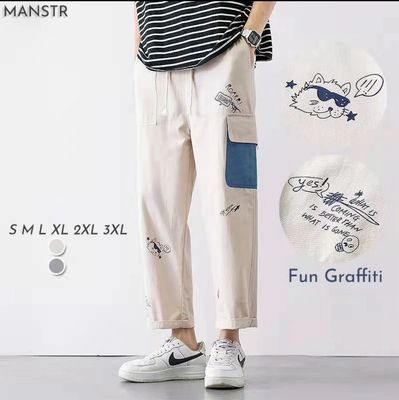 ￼Men White Casual Graffiti Straight Cut Cargo Pants Unisex Wide-leg Pants with Pocket Fashion Streetwear Lelaki Seluar Kargo