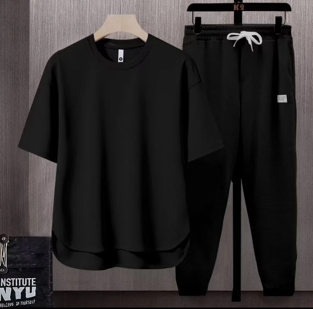 ￼2024 New Men&#39;s Summer Ice Silk Quality Plain T-shirt and Pants Casual Long Sleeve Suit Short Sleeved Suit Quick Dry Loose Comfort Sports Home Suit Beige Coffee Black White Grey 1set