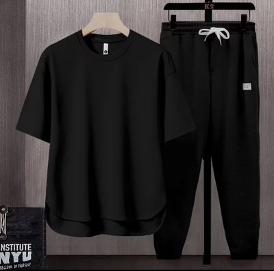 ￼2024 New Men&#39;s Summer Ice Silk Quality Plain T-shirt and Pants Casual Long Sleeve Suit Short Sleeved Suit Quick Dry Loose Comfort Sports Home Suit Beige Coffee Black White Grey 1set