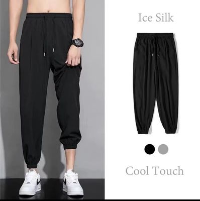 ￼M-5XL Men&#39;s Ice Silk Korean Trendy All Match Street New Fashion Casual Long Cuffed Pants Smooth Plain Basic Trousers for Men