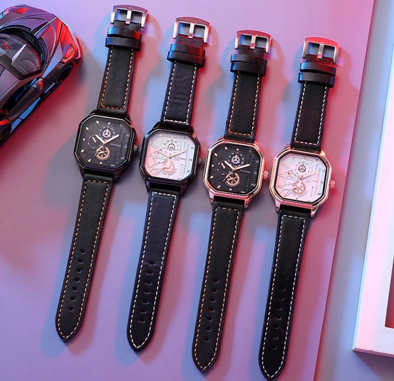 Men&#39;s Large Dial Watch Square Belt Waterproof Quartz Watches 2pcs