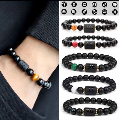 Twelve Constellations Black Agate Bracelet 12 Zodiac Natural Stone Beads Elastic Bracelet for Men and Women 5pcs