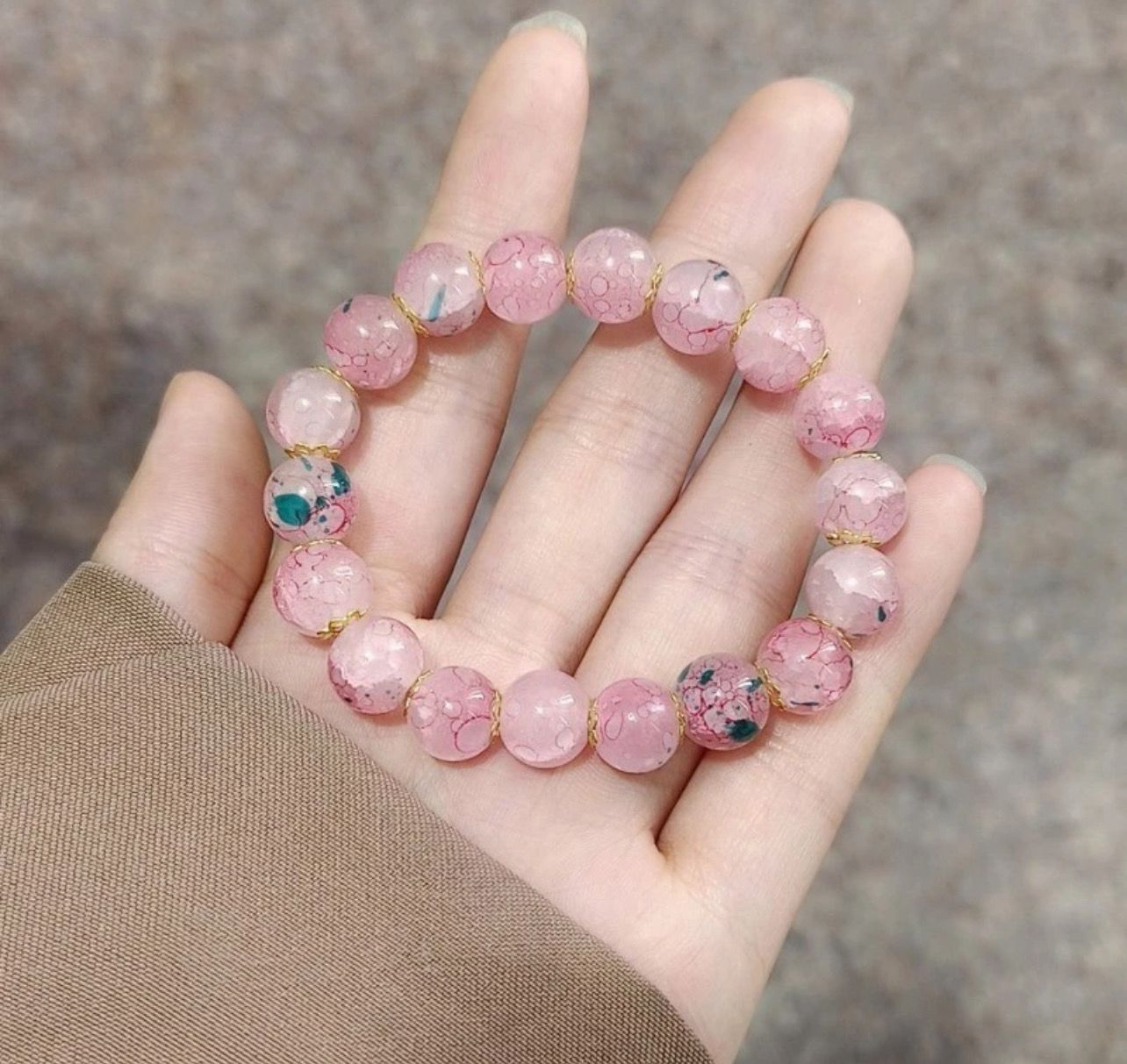 ￼Elastic - Valentine&#39;s Day Gift - Y2K - Pink Natural Stone Bead Bracelets - Sweet Cool - Jewelry Accessories - Gradient Color - Ice Crack Blasting Charm Bangle 6pcs