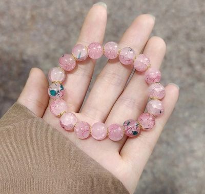 ￼Elastic - Valentine&#39;s Day Gift - Y2K - Pink Natural Stone Bead Bracelets - Sweet Cool - Jewelry Accessories - Gradient Color - Ice Crack Blasting Charm Bangle 6pcs