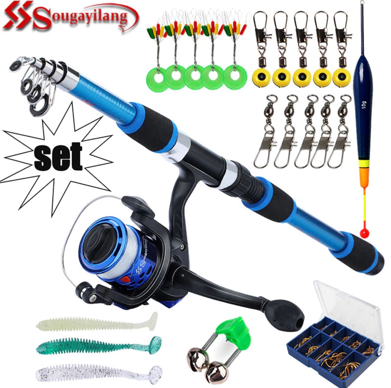 ￼Sougayilang 1.8m Fishing Rod Reel Set Portable Travel Fishing Rod Fishing Hook Soft Lure Fishing Tool Full Set Spinning Fishing Reel Lure Connector Combos Set for Saltwater Freshwater 1set