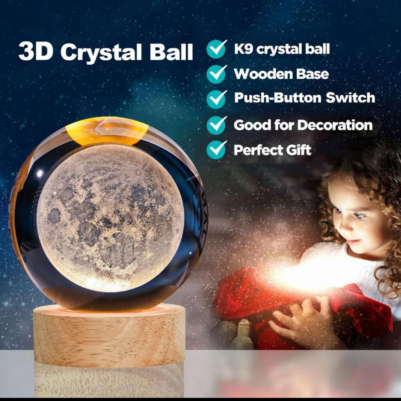 ￼Creative 3D LED Crystal Ball Wooden base USB Power Bedroom nightlight Sleep light Sun Moon Bear Starry sky Dream decoration birthday gift for boys and girls